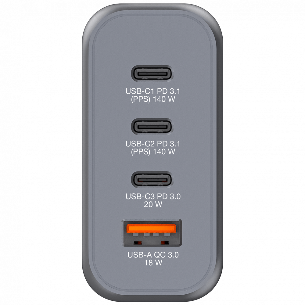 GaN zidni punjač od 140 W s 4 priključka 2 x USB-C® PD 140 W / 1 x USB-C® PD 20 W / 1 x USB-A QC 3.0 (EU/UK/US)