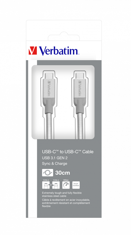 Verbatim USB-C na USB-C kabel iz nehrđajućeg čelika za sinkronizaciju i punjenje USB 3.1 GEN 2 od 30 cm